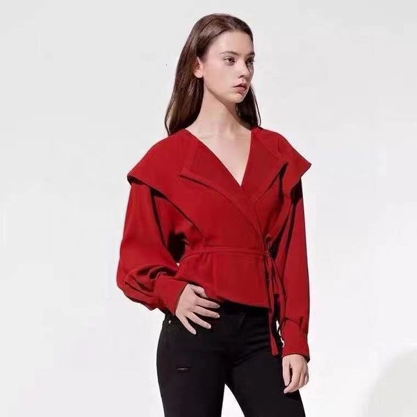 

2021 autumn and spring new retro waist side tie lapel all-match shirt women round neck long sleeve blouses & shirts jamo, White