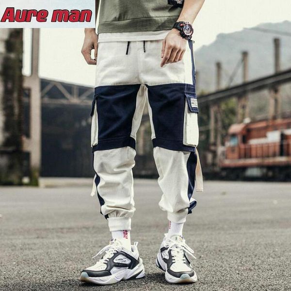 

men's pants ribbons harem joggers men cargo streetwear 2021 hip hop casual pockets track male harajuku fashion trousers, Black