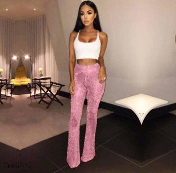 

women shiny flare pant glitter sequins disco trousers drawstring club party evening slim fit pants new, Black;white