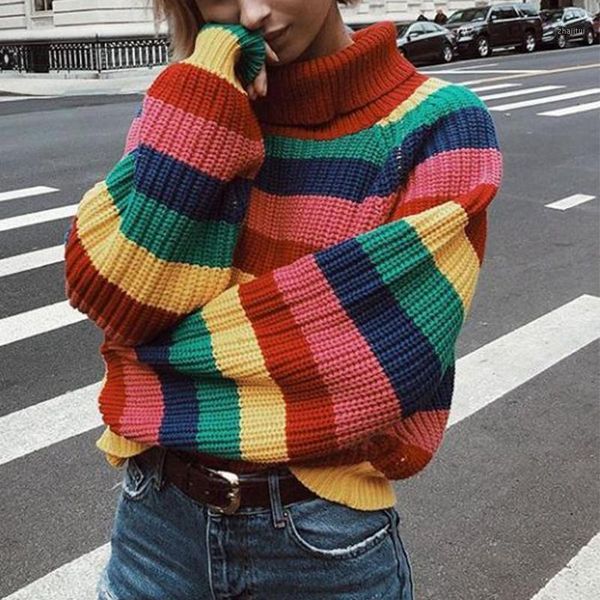 

autumn winter striped rain bow sweater women turtleneck elastic stretchy oversized pullover knitted multicolor women's sweaters, White;black