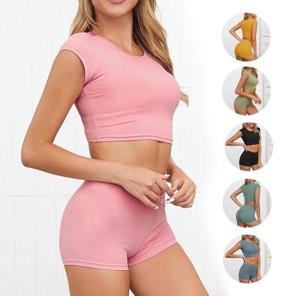 

yoga outfit summer seamless set women's clothing 2piece sport crop t-shirt+shorts leggings push up fitness workout athletic gym