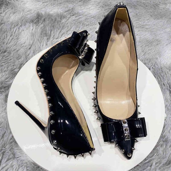

) fashion (original luxury designer red bottom dress shoes 8cm 10cm 12cm high heels bowtie spikes wedding pumps, Black