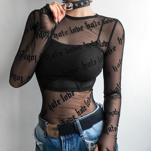 

summer women black t shirt letter printing mesh sheer see-through perspective slim long sleeve lot, White