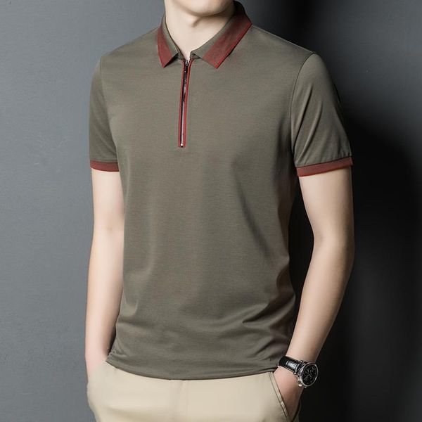 

men's polos design men fashion contrast color summer natural silk cotton short sleeve male zipper shirts, White;black