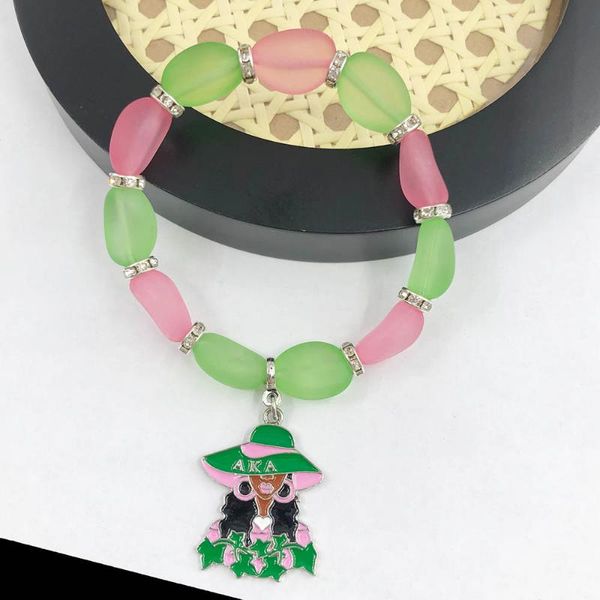 

beaded, strands hand made diy greek sorority pink green acrylics frosted beads girl 1908 charm pendant bracelet jewelry, Black