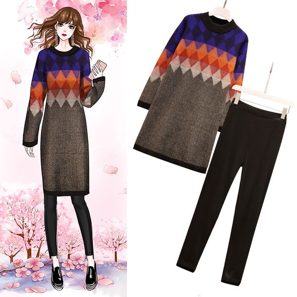 

great woman plus size 5xl long nightgown two sets of knitted or crocheted winter sweaters female sports and warm leggings suit qmda, Gray