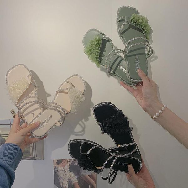 

sandals temperamental for women summer slippers 2021 fashion versatile flat diamond pair of roman shoes, Black