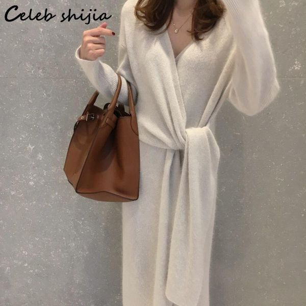 

party dresses autumn knitted maxi dress woman elegant cross v-neck warm soft long sweater khaki vestido korean loose knitwear clothing, White;black