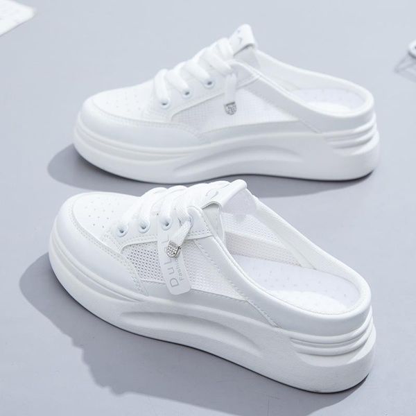 

slippers half female 2021 summer women's shoes fashion outer wear board flat bottom breathable white baotou, Black