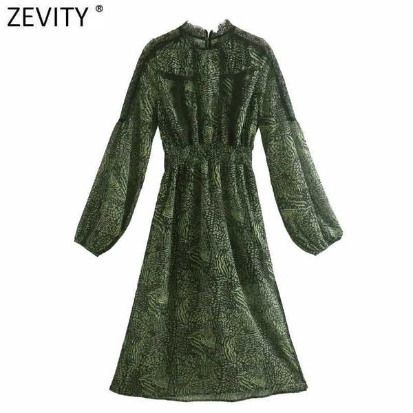 

zevity women lace patchwork snake skin print perspective midi dress femme elastic waist split vestido party cloth d4856 210603, Black;gray