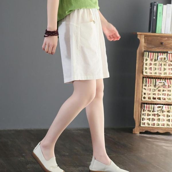 

women's shorts women solid color cotton linen elastic waistband pocket loose fifth pants, White;black