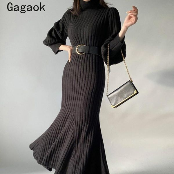 

casual dresses gagaok bodycon dress women 2021 spring autumn solid sheath lantern sleeve turtleneck midi slim chic korean vestidos, Black;gray