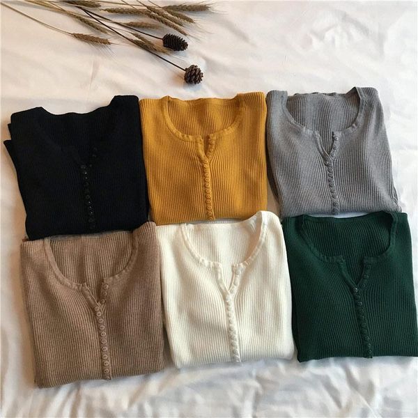 

women's sweaters autumn v-neck knit pullovers sweater women button solid slim jumper female 2021 winter long sleeve knitting warm woman, White;black