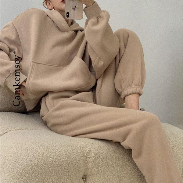 

women's tracksuits winter tracksuit 2 piece sets women thick warm autumn fleece oversize hooded sweatshirts & elastic high waist sweatp, Gray