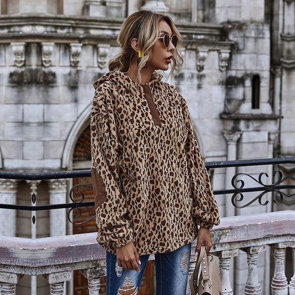 

2021 new autumn winter fleece leopard women fashion pullovers hoodies ladies oversize hooded jacket female casual xbrp, Black
