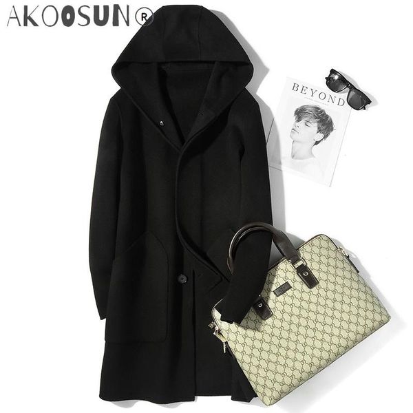 

men's wool & blends akoosun spring coat hooded double-sided woolen long jacket men peacoat overcoat windbreaker abrigo hombre t-24-069, Black