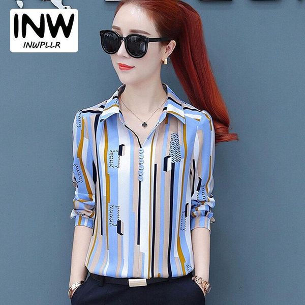 

women's blouses & shirts 2021 fashion womens and plus size chiffon blusas mujer casual long sleeve colorfull stripe blouse women, White