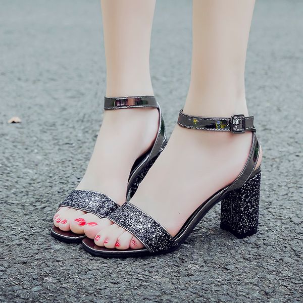 

2021 new fashion glitter summer high-heeled ankle strap sandals lady open toe party block heels shoes woman 426r, Black