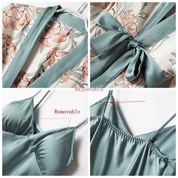 

women's sleepwear 4 pcs woman pajamas set faux silk satin printing summer sling shorts robe for homewear an5n, Black;red