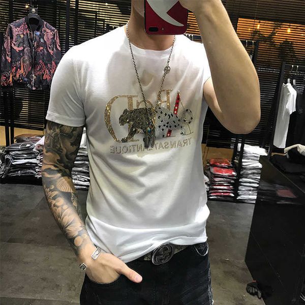 

w0623 tiger drill t-shirt fashion european summer fashion brand net red heavy industry korean fashion youth short sleeve, White;black