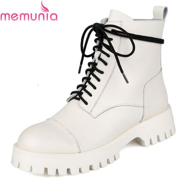 

boots memunia 2021 genuine leather med heels round toe casual ladies shoes fashion lace up winter ankle for woman, Black