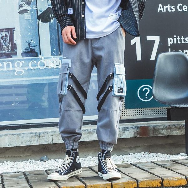 

multi ribbon pockets cargo harem joggers pants men's casual streetwear sweatpants fashion elastic waist drawstring trousers male, Black