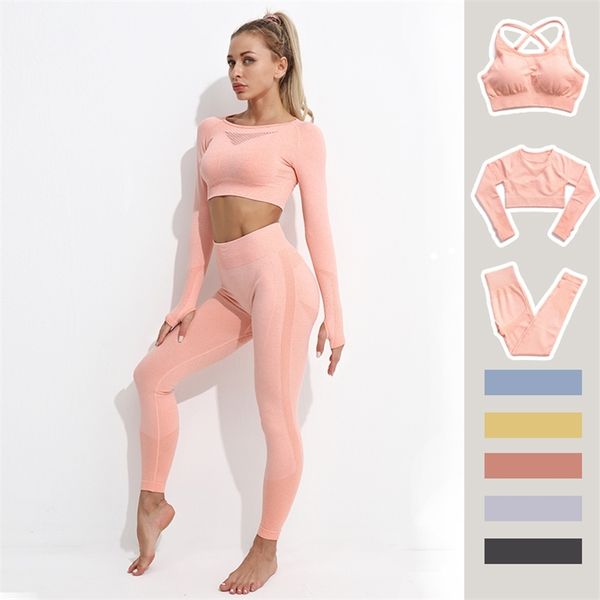 

2/3pcs yoga sets seamless women's tracksuit gym wear sport outfit long sleeve sportswear bra high waist leggings women clothing 210802, Gray