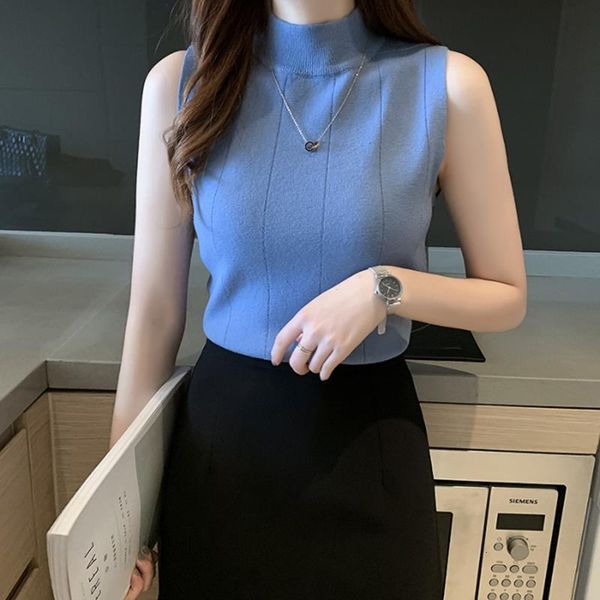 

knitted tank female sleeveless summer 2021 half high neck vest women camisole basic bottoming brandy melville, White