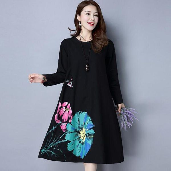 

casual dresses big size women's autumn 2021 fashion loose printing round neck long sleeves vintage cotton linen dress, Black;gray