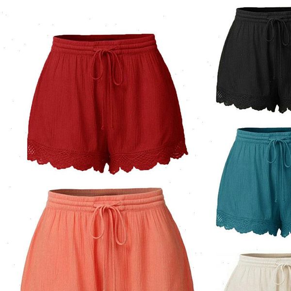 

lace elastic waist summer shorts casual women shorts beach wear plus size cotton linen women loose shorts plus size s 5xl, White;black
