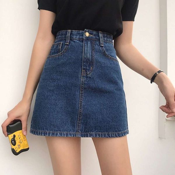 

2021 spring and summer new korean high waist slim bag hip a-line students versatile large denim skirt women, Black