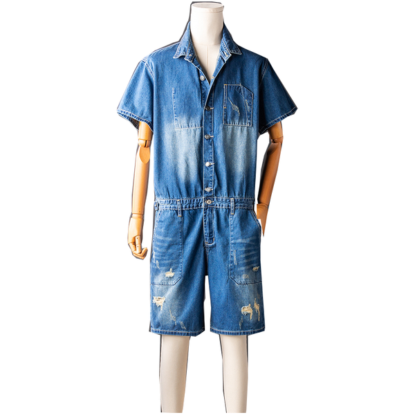 

men's pants summer denim short-sleeved one-piece suit for men and women short plus size, printed sleeves jumpsuit, hip-hop, Black
