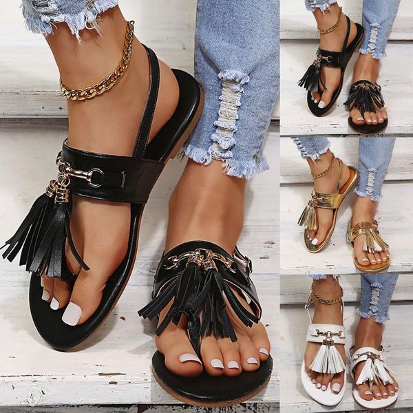 

sandals women tassel flat heels flip flops for party shoes woman summer comfortable breathable leisure chaussures femme, Black