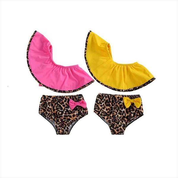 

0-4y baby girls swimsuit suit ruffled one shoulder leopard print bow decoration summer beach clothing, White