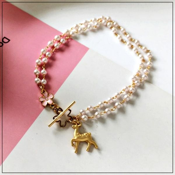 

link, chain laniwoo girl pearl deer double layer bracelet 2021 summer fashion beautiful lovely jewelry accessory, Black
