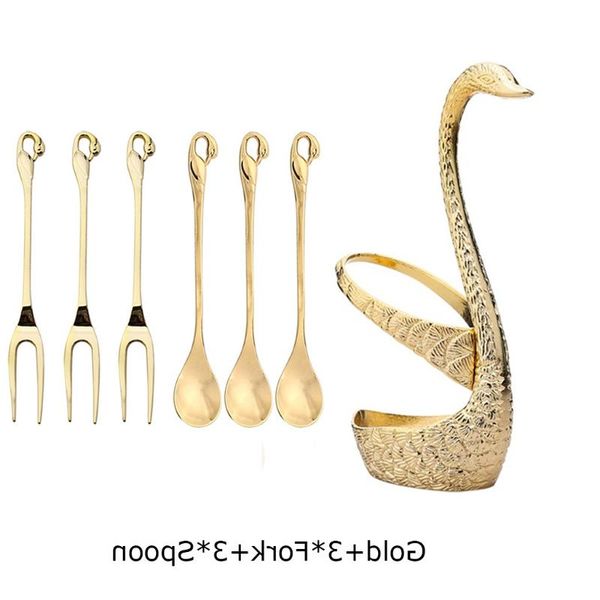 

7 pcs swan fruit base holder forks set stainless steel salad dessert forks coffee spoon cake tableware flatware dropshipping