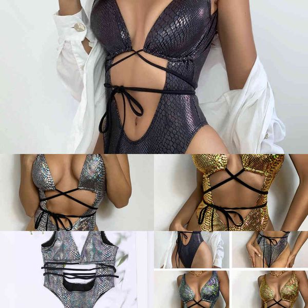 

women's 2021 back new open one sleevels piece pu leather lace up swimsuit2021, White;black