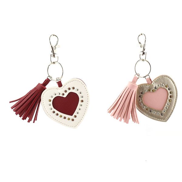 

keyring keychain valentine's day gift small pendant double layer pu filling cotton mixed color rivet heart tassel pendant, Silver