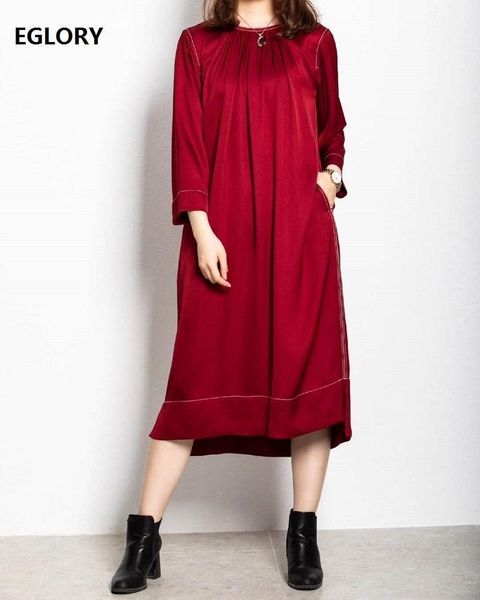 

casual dresses 2021 autumn winter designer dress women color block stitching pocket mid-calf loose wine red black luxury, Black;gray