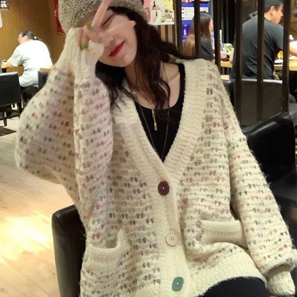 

women's knits & tees [ewq] autumn 2021 large size coat contrast multicolor buttons knitting cardigan women v-neck single breasted sweat, White