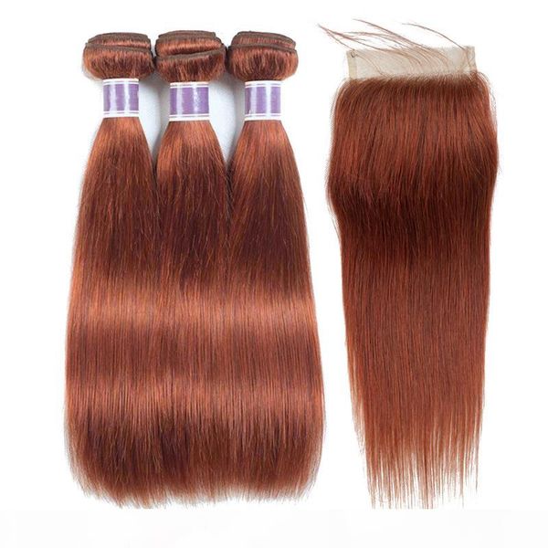

silky straight #33 dark auburn human hair bundles with closure pre-colored brazilian peruvian malaysian virgin hair weaves with 4x4 closure, Black;brown