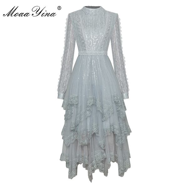 

moaayina fashion designer dress spring women's dress long sleeve patchwork mesh sequins cascading ruffle asymmetrical dresses 210316, Black;gray