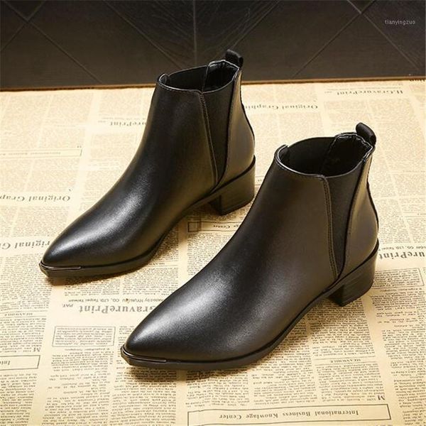 

boots autumn winter women genuine leather elastic band low heel pointed toe short 2021 fashion ankle1, Black