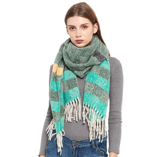

scarves autumn winter female knitted wool plaid scarf women wide lattices long shawl wrap blanket warm scarfs tassel, Blue;gray