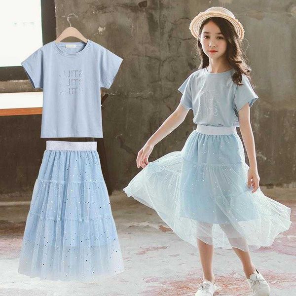 2021 Sommer Kinder Mädchen Spitze Mesh Kleider Kleidung Mode Party Prom T-Shirt + Rock Muster Teenager Kind 5 6 8 10 12 14 Jahre Q0716