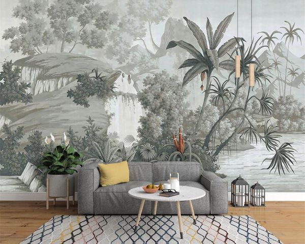 

wallpapers custom self adhesive wallpaper european retro nostalgic hand painted rainforest banana palm sofa tv mural background 3d bedroom