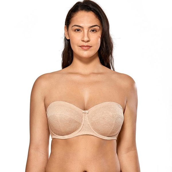 

women's floral lace unlined convertible support underwire strapless bra plus size black beige, Red;black