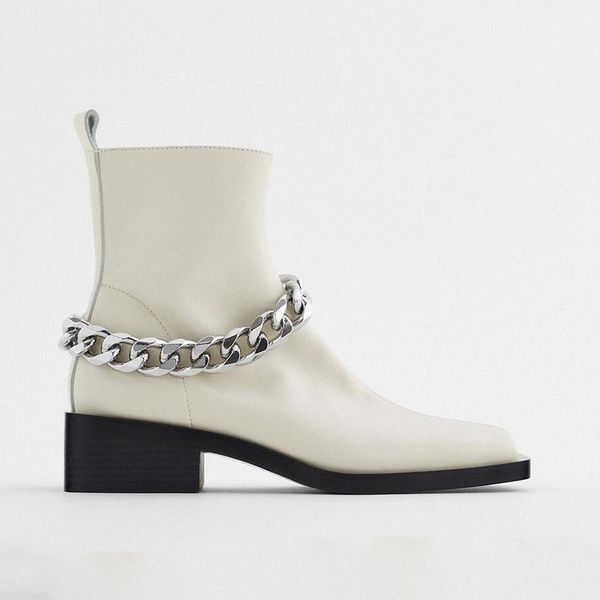 

boots 2021 design women chain ankle for side zipper square toe chunky heel shoes woman1, Black