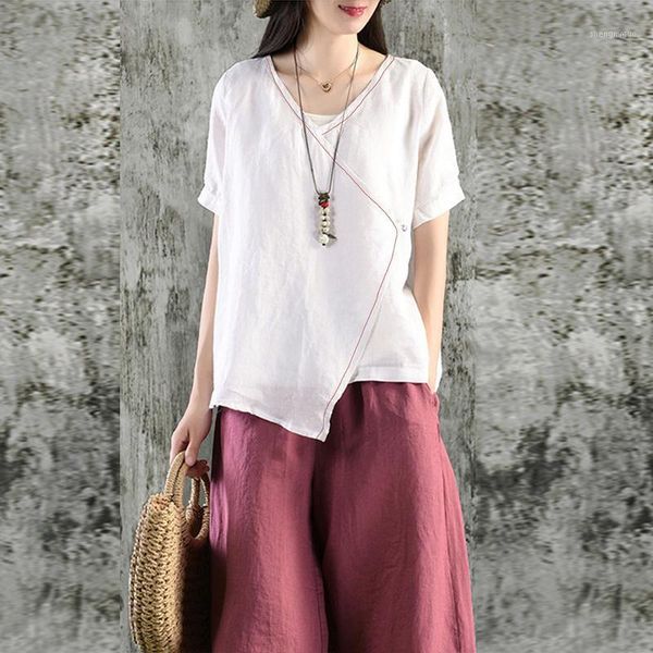 

vintage cotton v neck white blouse women plus size crossover irregular hem summer women's and blouses female shirt 2021 & shirts