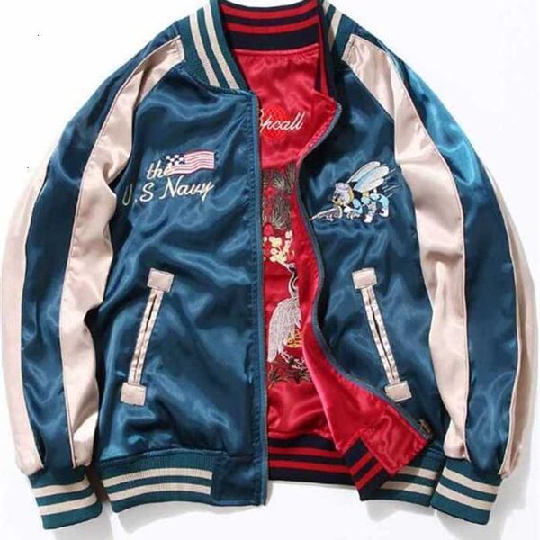 

2021 japan yokosuka embroidery jacket men women fashion vintage baseball uniform both sides wear bomber jackets streetwear, Black;brown